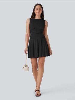 Halara Boat Neck Sleeveless Ruched Flowy Mini Casual Dress - NWT - S - Black